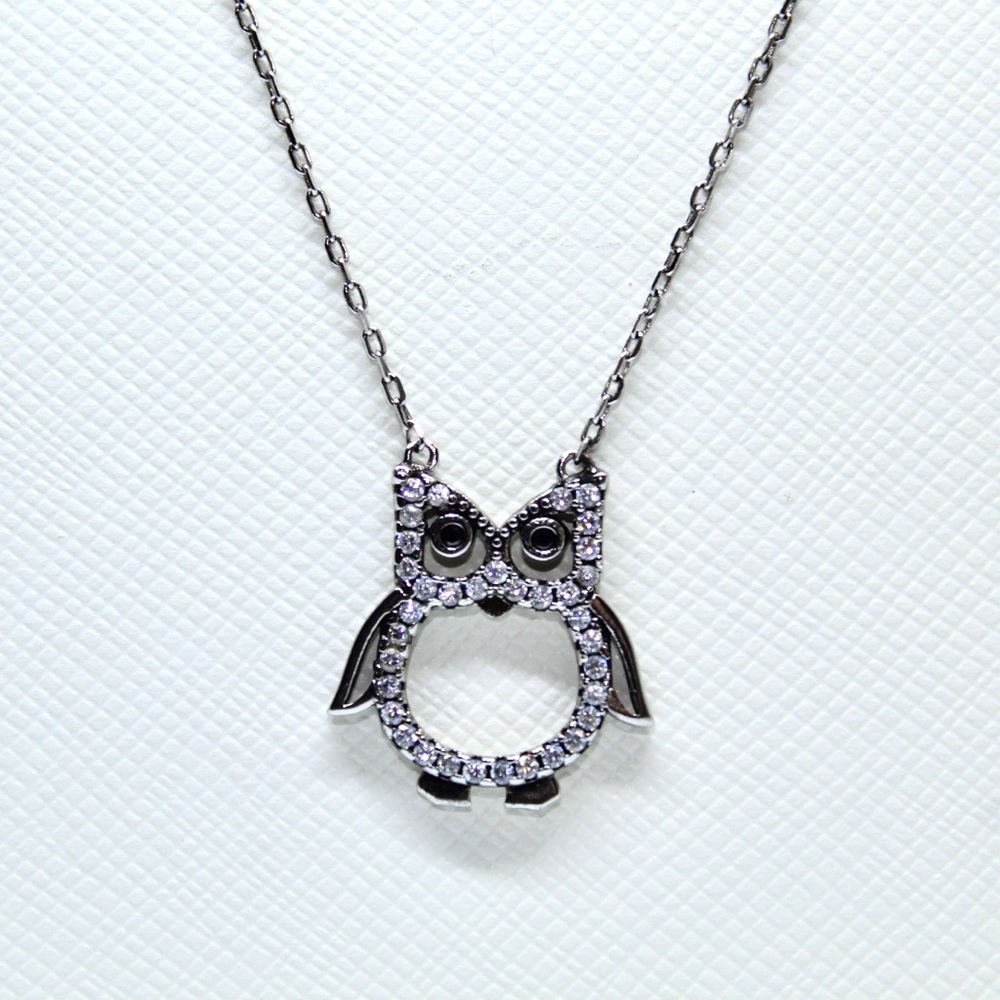 Beautiful Dainty Sterling Sliver Glittery Owl Necklace
